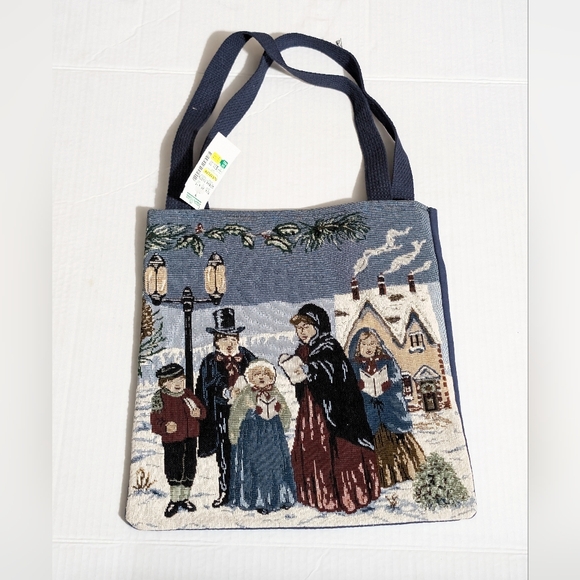 Homemade Handbags - Tapestry Christmas Victorian Carolers Tote Bag With Navy Back & Handles NWT